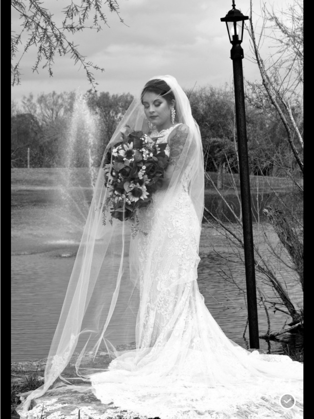 Allure Bridals White Lace Mermaid Gown with Long Veil